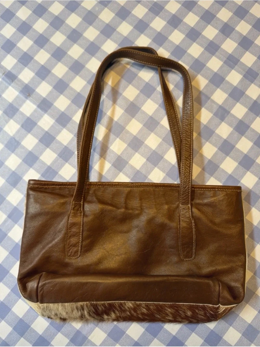 Brown and Cream Leather Haircalf Tote Bag